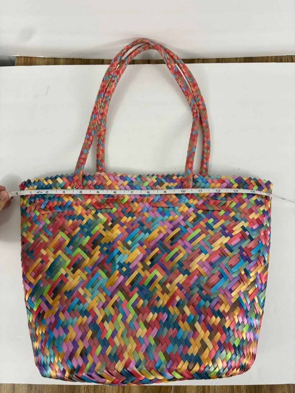 Rainbow Woven Straw Tote Braided Handle Lightweight Ombre Gradient Vibrant Bag
